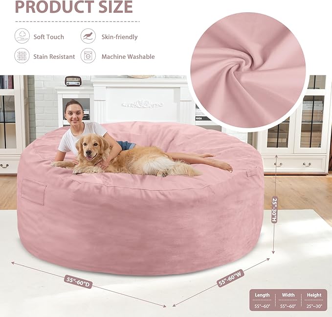 6FT Bean Bag Chair, Large Bean Bag Chairs with Memory Foam Filled, Fluffy Beanbag Sofa with Dutch Velvet Cover, Round BeanBag Chairs for Living Room, Playroom- Light Pink