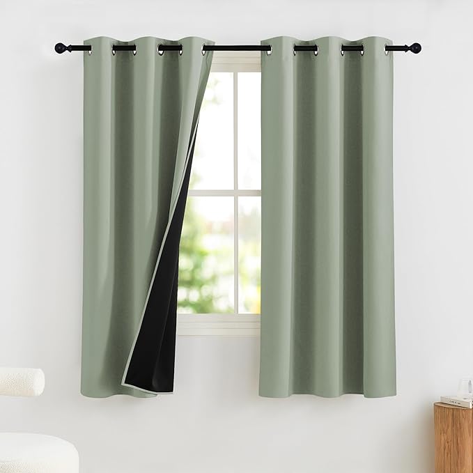 NICETOWN Sage Green Bedroom Curtains 63 Inches Length, 100% Blackout Drapes Thermal Insulated with Grommet for Living Room Office Privacy Darkening Curtain, 2 Panels, 42 x 63 Inch