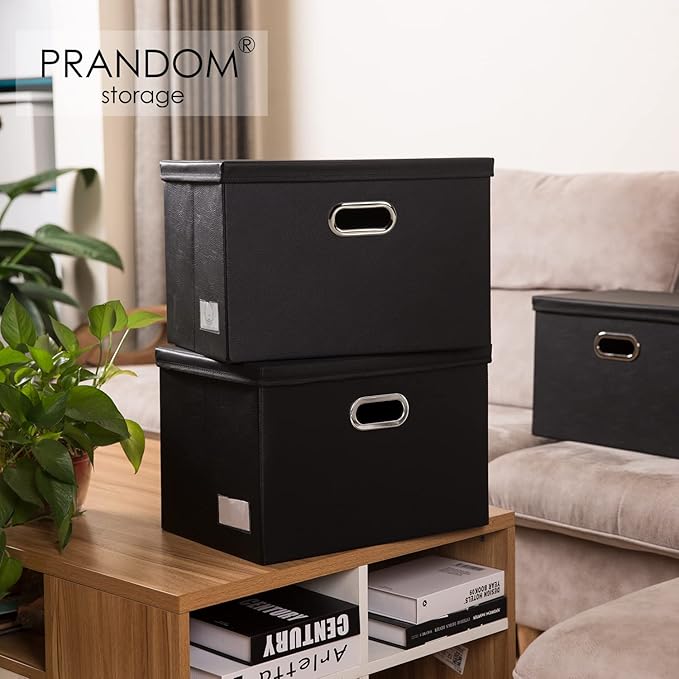PRANDOM Foldable Storage Bins with Lids [5-Pack] Leather Fabric Collapsible Storage Boxes Organizer Containers Baskets Cube with Cover for Bedroom Closet Office Nursery Black (14.9x10.8x10)