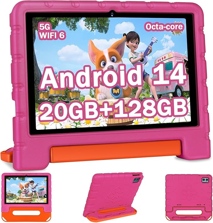 2025 Kids Tablet 10 inch Android 14 Tablets for Kid Octa-Core, 20GB+128GB (TF 1TB), Toddler Tablet with Shockproof Case, 2.4G+5G WiFi 6, Parental Control, Face Unlocked, Split Screen, BT5.0 (Rose Red)