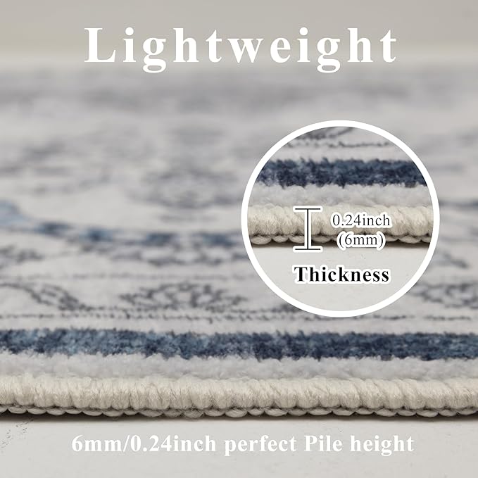 9x12 Area Rug Living Room Rugs, Stain Resistant Washable Rug, Vintage Large Non-Slip Backing, Low Pile Lightweight Print Rug for Bedroom Dinning Room Home Office (Grey/Blue)