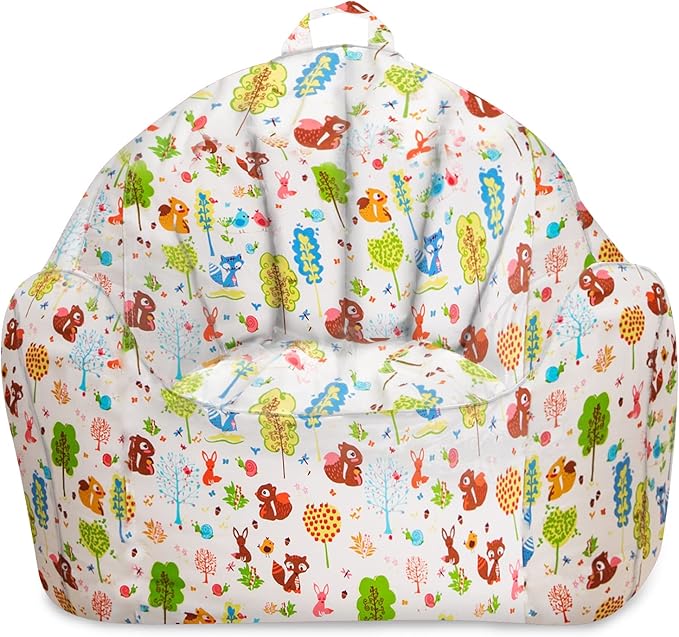 Posh Creations Structured Comfy Bean Bag Chair for Gaming, Reading, and Watching TV, Malibu Lounge, Canvas - Forest Critters on White