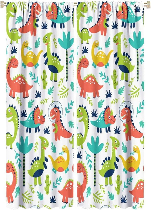 Rustic Dinosaurs Curtains Colorful Dino Kids Boys Cartoon Cute Cool Funny Decor Printed Blackout Rod Pocket Window Drapes for Living Room Bedroom W21xL63in 2 Panels