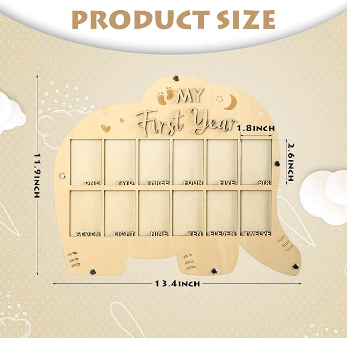My First Year Picture Frame,One Year Of Photo Board, Baby's First Twelve Months Photo Collage and Gender Neutral Keepsake, Ideal for Baby Shower,New Mom Keepsake Gift and Nursery Decor - With Stand (Elephant sign)