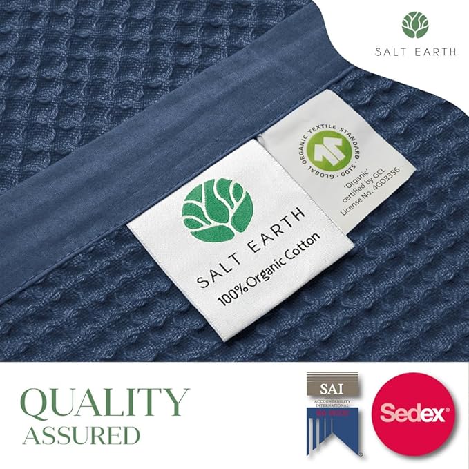 Salt Earth GOTS Certified 100% Organic Cotton Throw Blanket, 90" X 90" Waffle Blankets & Throws for Bed, Throw Blanket for Couch, Modern & Cozy Blanket, All Seasons Waffle Blanket, Soft Blanket(Navy)