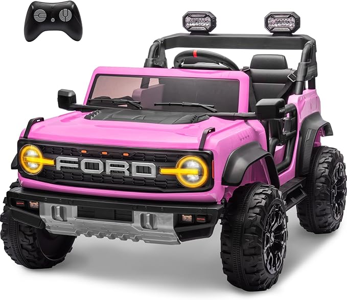 ENYOPRO 24V Ride On Toys for Big Kids, Licensed Ford Bronco Raptor 2 Seater Kids Electric Vehicle, Battery Powered Ride On Car Jeeps w/Remote Control, Bluetooth, 3 Speed, LED Lights for Ages 3+, Pink