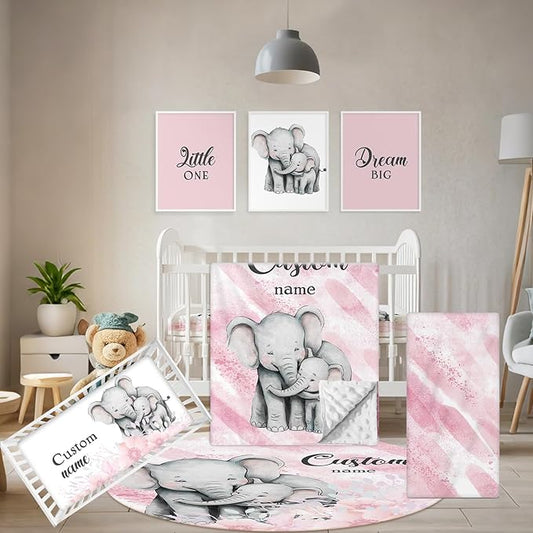 Personalized Baby Bedding Set, 5 Pcs Custom Baby Crib Sets with Name, Toddler Bedding Set for Baby Girls, Pink Elephants Double Layer Nursery Bedding Set, Customized Gifts for Infants Kids