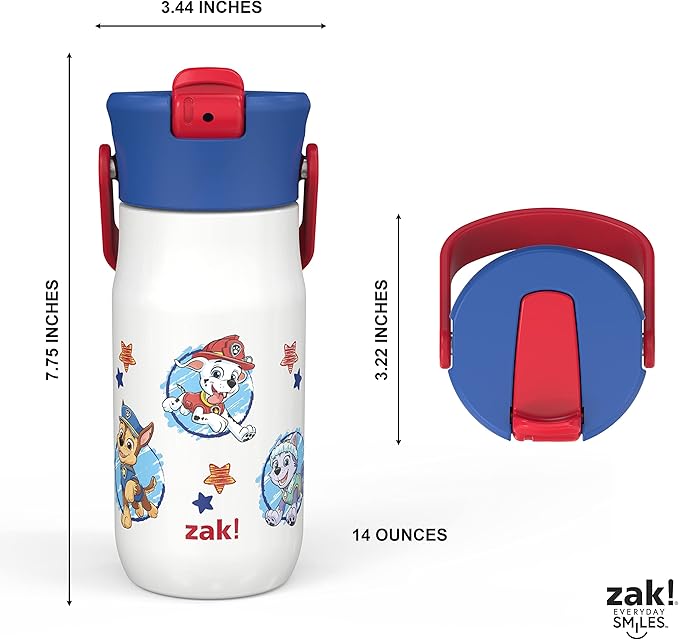 Zak Designs Harmony PAW Patrol Kid Water Bottle for Travel or At Home, 14oz Recycled Stainless Steel is Leak-Proof When Closed and Vacuum Insulated (Chase, Marshall, Skye, Rubble, Everest, Zuma)