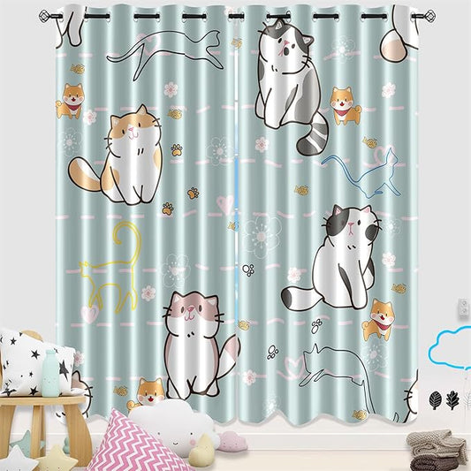Cartoon Cat Blackout Curtains for Girls Room - Grommets Top, Animal Themed, Thermal Insulated Panels for Bedroom, Nursery Decor, 82 in x 84 in