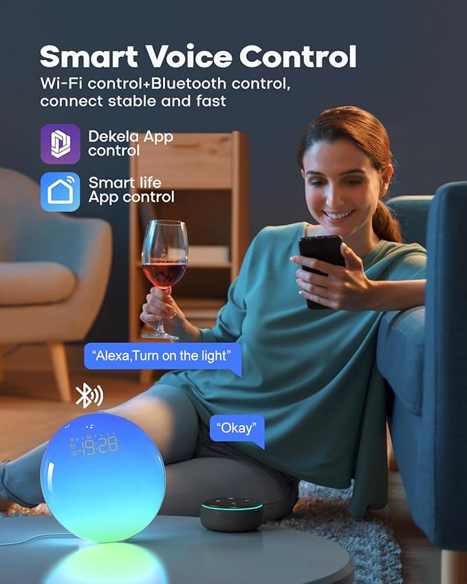 Dekala Sunrise Alarm Clock for Heavy Sleepers, Smart App Control, Bluetooth Speaker, Wake up Light Sunrise Sunset Simulation, White Noise Sound Machine, Night Light for Bedrooms Kids Adults