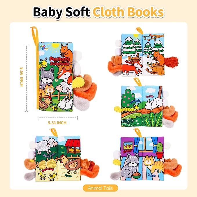 Jollybaby Baby Cloth Books, Touch & Feel Crinkle Soft Books, for Infants Babies, Toddler Early Educational Interactive Stroller Toys, Baby Girl & Boy Gift(Plush Tails)