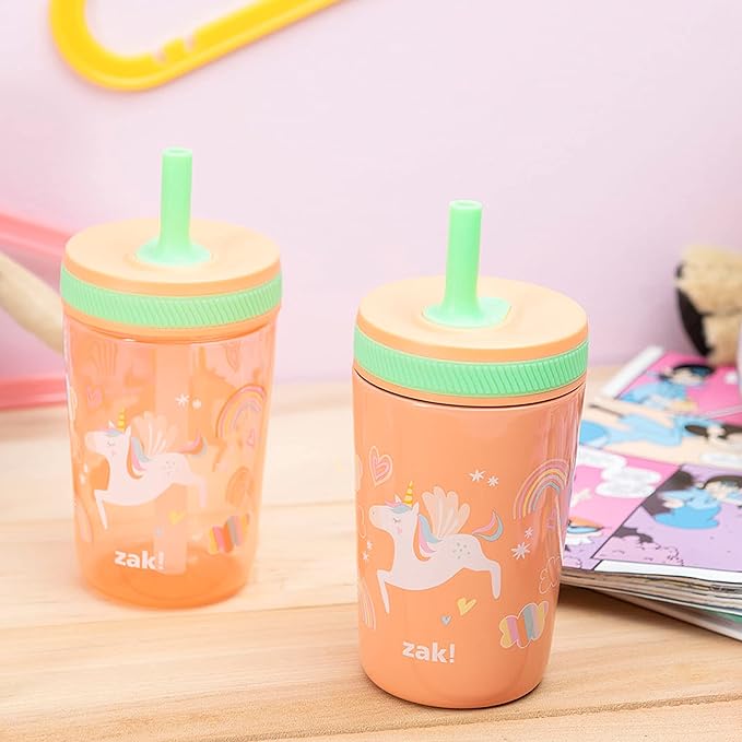 Zak Designs Unicorn Kelso Tumbler Set, Leak-Proof Screw-On Lid with Straw, Bundle for Kids Includes Plastic and Stainless Steel Cups with Bonus Sipper, 3pc Set, Non-BPA, 15 fl.oz.