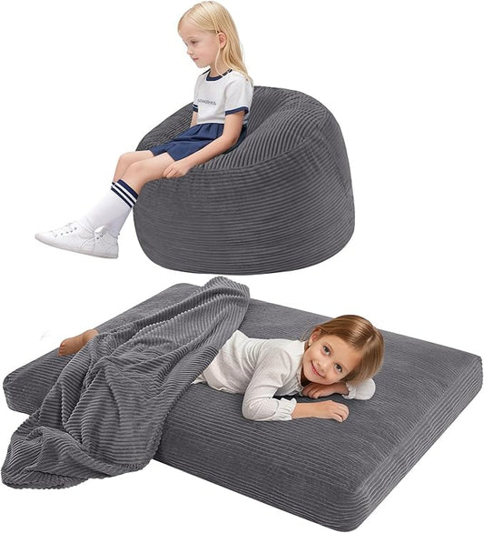 COMAX Kids Bean Bag Chair Turn into Beanbag Bed, Toddler Bean Chair Corduroy for Girl Boy Sleeping, Lazy Children Bean Bags with Filler, Convertible Child Floor Mattress, Charcoal