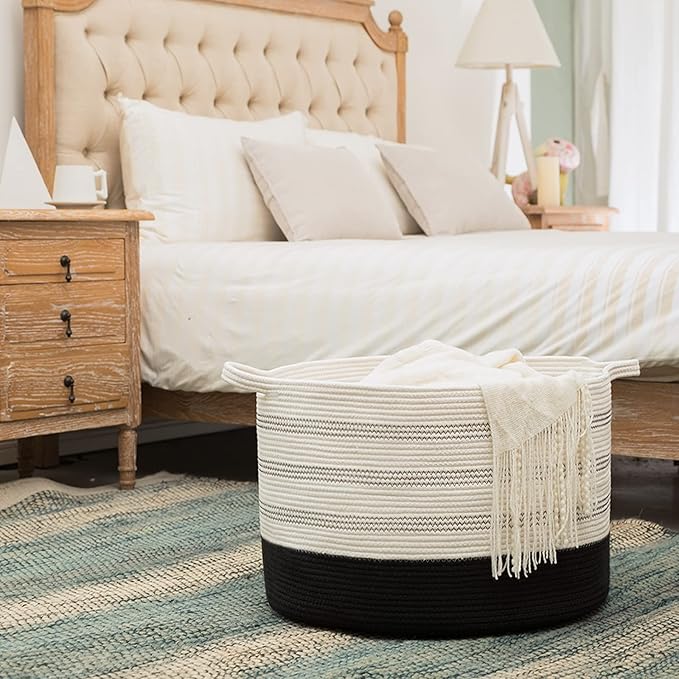 XXXLarge Cotton Rope Basket 22" X 22"X 14" Blanket Basket for Living Room Woven Basket Soft Baby Laundry Blanket Basket Nursery Bin Toy Basket with Handle White+Black