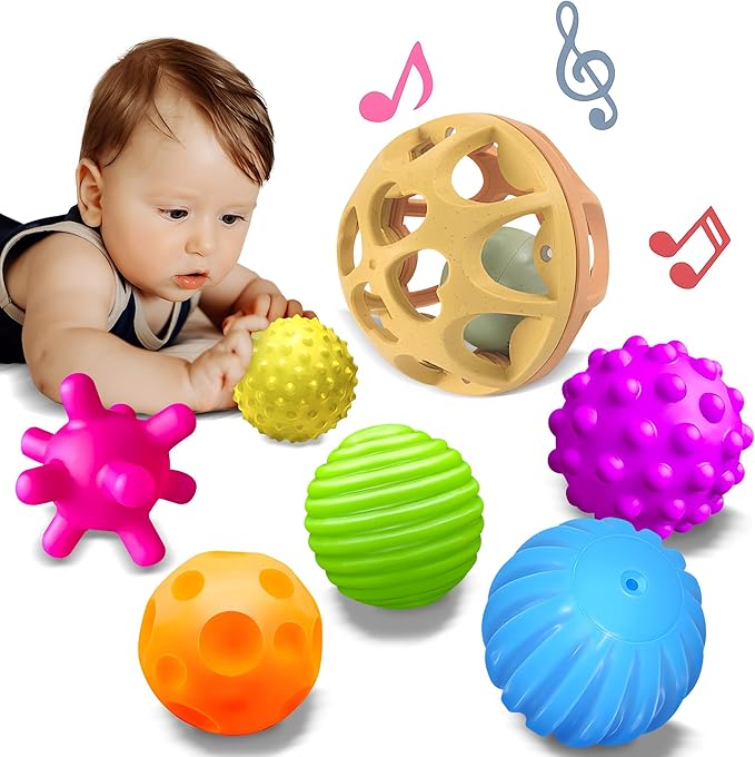 Montessori Toys Sensory Balls for Babies, Colorful Textured Sensory Toys for Babies 1-3, Hand Catching Baby Balls, Wheat Straw Baby Rattle Baby Toys Newborn Gifts for 6-12 Months