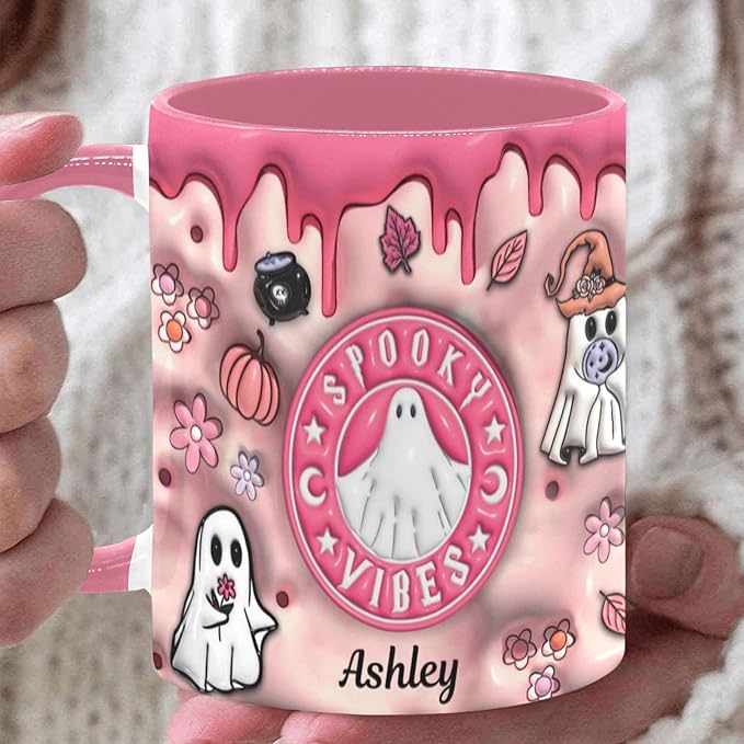 Personalized Halloween Coffee Mug with Names, Pumpkin Coffee Cup, Custom Ghost Ceramic Coffee Mug, Spooky Vibes Trick Or Treat Halloween Accent Mug, Spooky Season Gift for Women Her 11 Oz