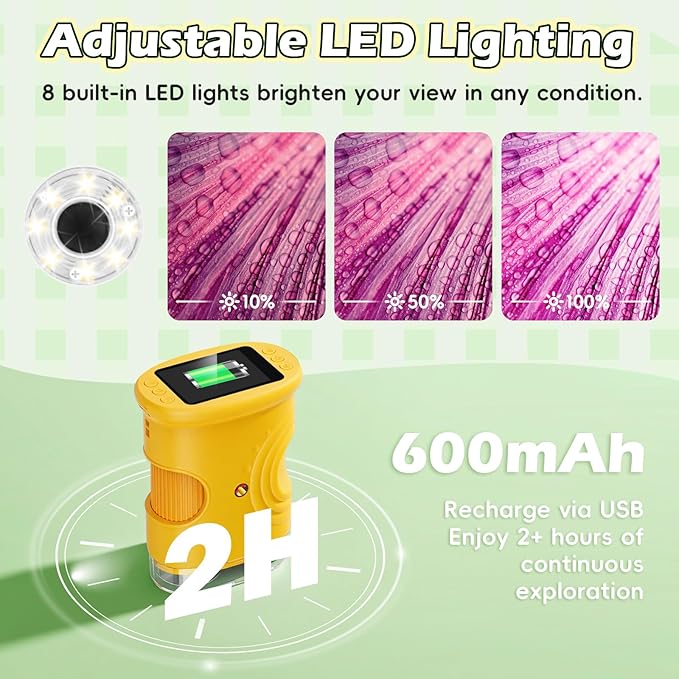 Microscope for Kids 1000X Digital, Handheld Kids Microscope HD Screen Video Record, Portable Miniscope STEM Toys, Birthday Gifts for 3 4 5 6 7 8-12 Year Old Boys Girls, 8GB TF Card Included