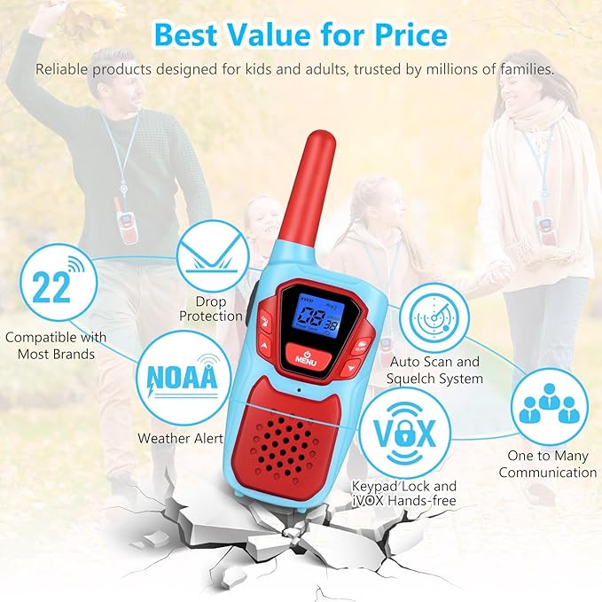 Walkie Talkies Long Range 3 Pack Rechargeable Walkie-Talkies for Kids Girls Boys Toddlers Adults Camping Hiking Skiing Cruise, Family Pink 2 Way Radio Toy with Lanyard Battery 4 Miles VOX NOAA