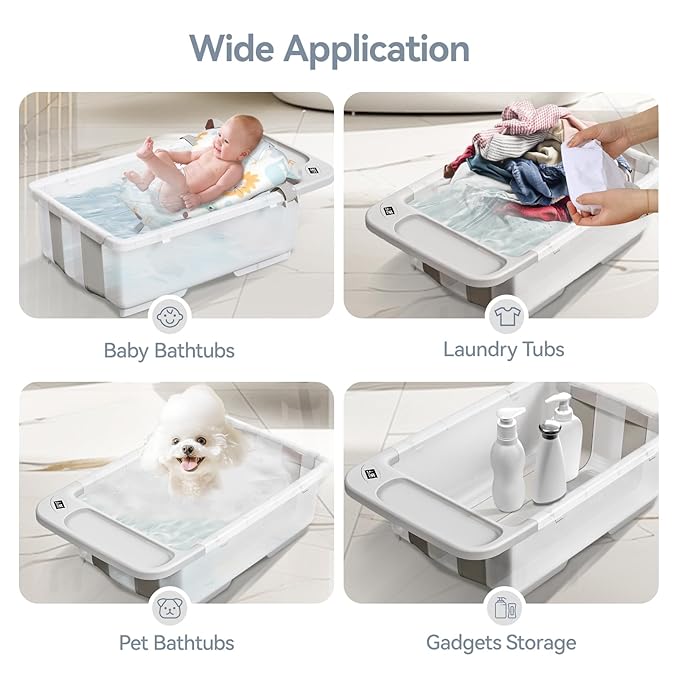 Collapsible Baby Bathtub - Large Capacity Baby Bath Tub with Thermometer & Soft Cushion | Portable Travel Newborn Infant Bathtub | Foldable Toddler Bathtub for Baby 0 to 36 Months (no Stand)