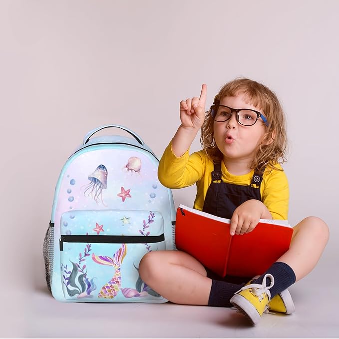 Girls Mermaid Backpack, Girl's Dreamy Underwater World School Bag with Jellyfish & Starfish Prints, Kawaii Lightweight Bookbag for Girls Boys Age 5-12, Ideal for School Travel Outdoor Hiking