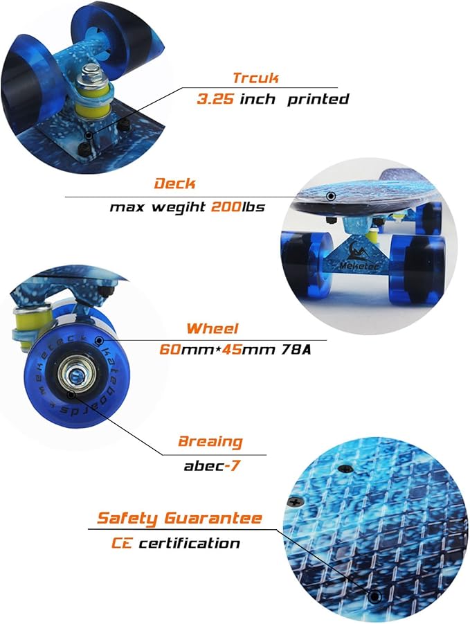 Skateboards Complete 22 Inch Mini Cruiser Retro Skateboard for Kids Boys Youths Beginners