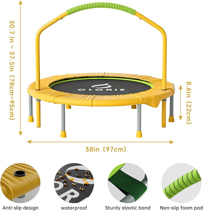 CLORIS 38in/48in Folding Trampoline - Max Load 220lbs / 450lbs Mini Trampoline Rebounder Trampoline for Adults with Adjustable Foam Handle, with safty Padded Cover Best Gift for Kids/Adult