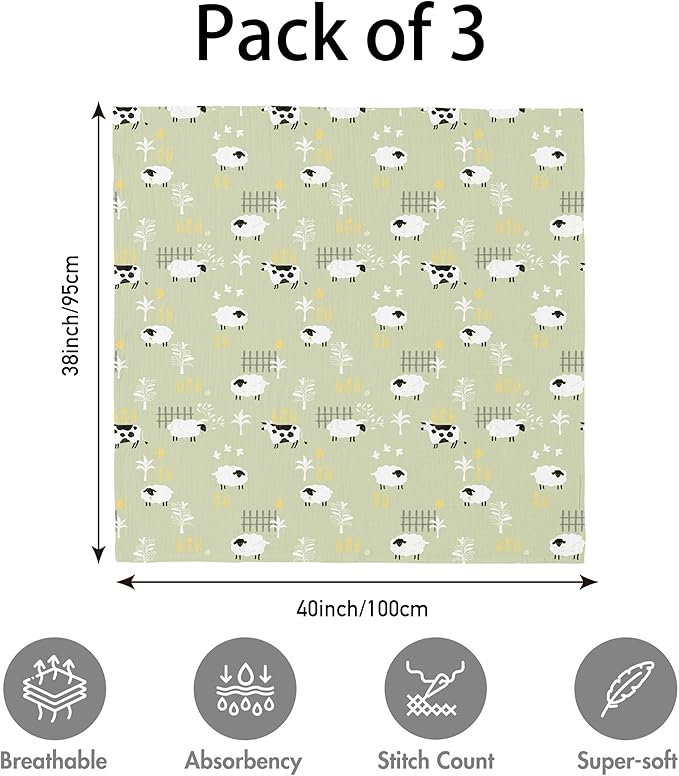 Muslin Swaddle Blankets for Newborn, 3 Pack Breathable Soft Receiving Blanket, Large 38 x 40 inches Swaddle Wrap Burping Clothes Diapers, Essentials Infant Shower Items, Toddler Gift (Cute Farm)