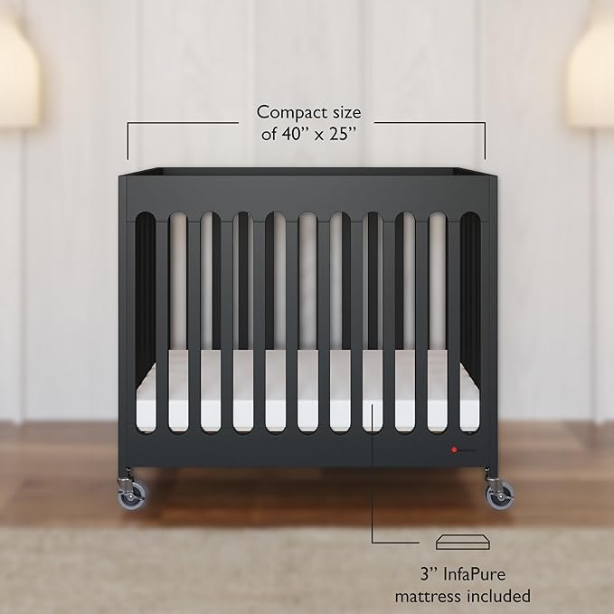 Foundations Boutique Folding Hotel Crib and Sheet Bundle - Includes Wooden Mini Crib with 3" Foam Mattress (Ebony) and 6-Pack White Fitted Compact Sheets