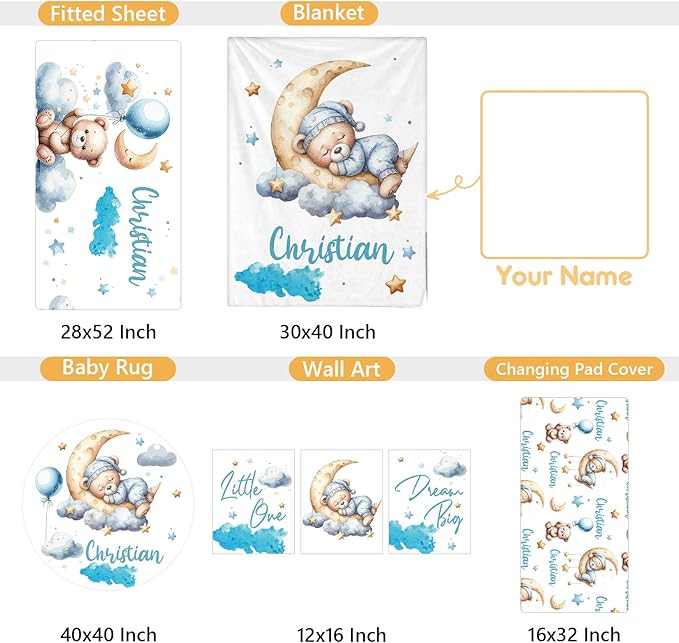 Personalized Baby Bedding Set, 5 Pcs Custom Baby Crib Sets with Name, Toddler Bedding Set for Baby Girls Boys, Blue Bear Double Layer Nursery Bedding Set, Customized Gifts for Infants Kids