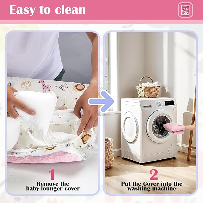 Baby Lounger for Tummy Time Portable,Baby Play mat with Strap,Newborn Lounger Inner Zipper for Boys Girls 0-24 Months,Animal World Pink