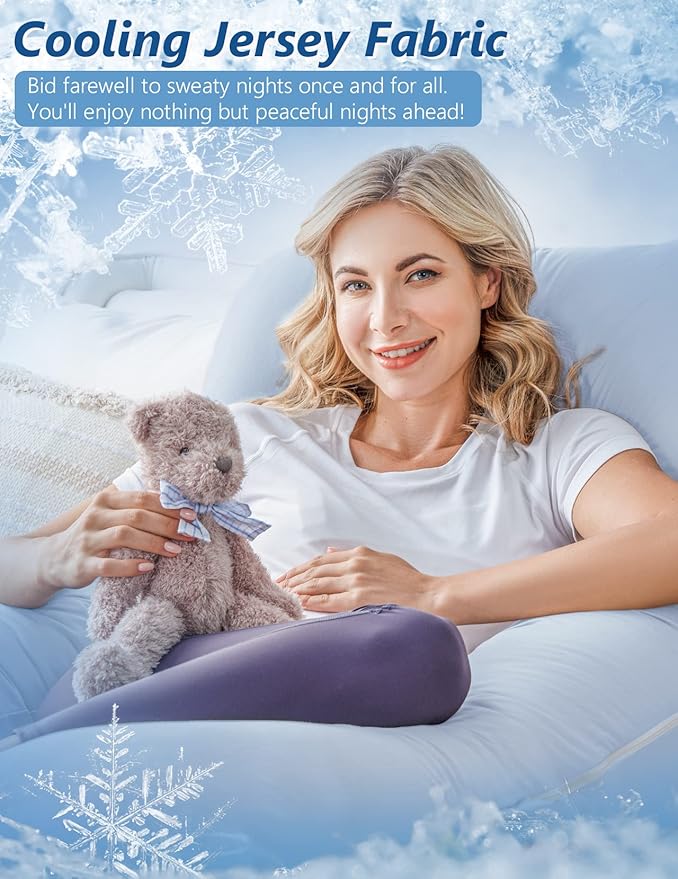 Meiz Pregnancy Pillow, Cooling Pregnancy Pillows for Sleeping, Maternity Pillow for Pregnant Women, Pregnancy Body Pillow with Cooling Jersey Cotton Cover, Blue