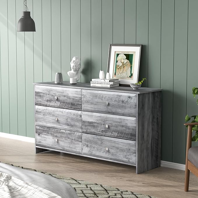 VINGLI Gray Dresser 6 Drawer, 54" Long Dresser for Bedroom, Wood Chest of Drawers with Textured Drawer Fronts, Rustic Grey Dressers Chest, 14.5" D x 53.9" W x 29.1" H
