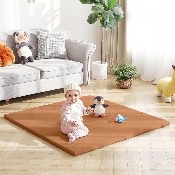 Baby Play Mat 48"x48" – Thick, Non-Slip Foam Mat for Babies and Toddlers. Foldable, Scrubbable, Odorless, and Soft, Ideal for Playpens, Crawling, and Indoor Playtime-Brown