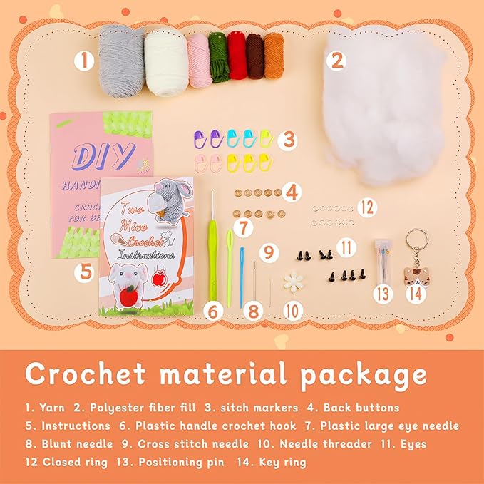 RUQKNO Crochet Kit for Beginners， 2 Pcs Hamster Amigurumi Crochet Animal Kit with Step-by-Step Video Tutorials, Easy-to-Learn Beginner Crochet Kit for Adults & Kids, All-in-One Craft Supplies
