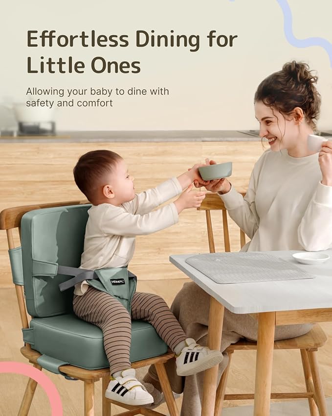 HOMEAL Booster Seat for Dining Table for Toddler Kid Baby, Adjustable Kids Breathable Booster Seat for Kitchen with Backrest and Adjustable Straps, Sage