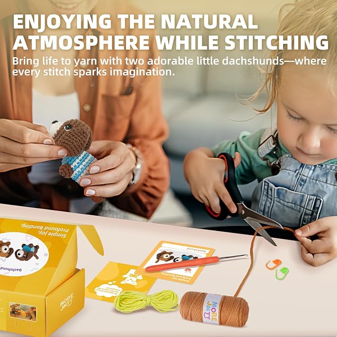 MOREJMTT Crochet Kit for Beginners, Learn to Crochet, Include Easy Knitting Soft Yarn, Step-by-Step Video Tutorial, Hook, Holiday Birthday Gift for Adults and Kids(Sausage Dog)