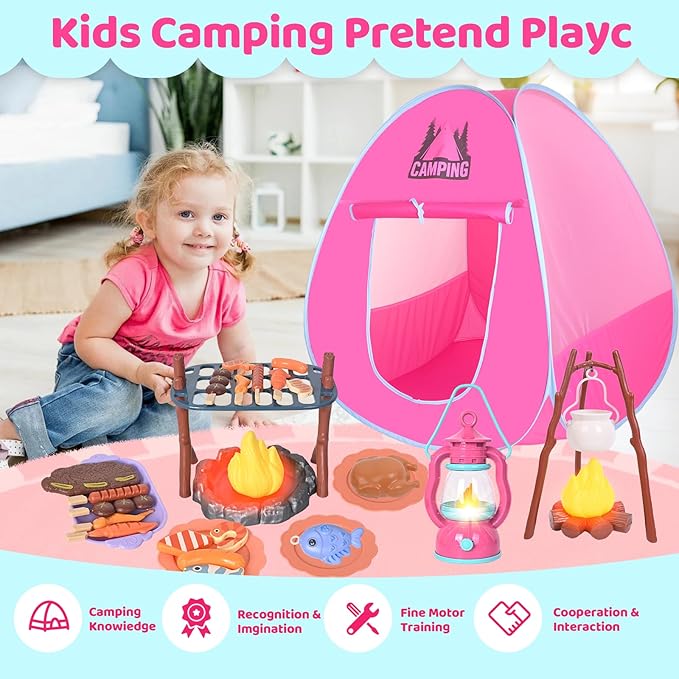 Kids Camping Set with Play Tent,Campfire,Lantern,Indoor Outdoor Camping Set with Pop up Play Tent,Camping Toys Play Set for Kids 3 4 5 Year Old,Toddler Toys