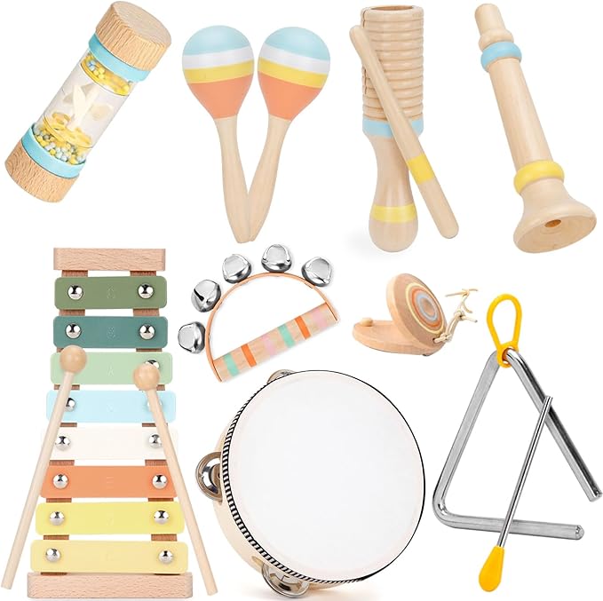 Baby Musical Instruments Set Wooden Montessori Toys for Toddlers 1-3 Percussion Instruments Set Modern Boho Music Toys for Kids Preschool Educational.