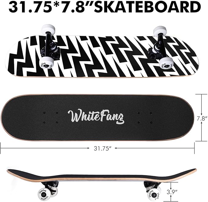 WhiteFang Skateboards for Beginners, Complete Skateboard 31 x 7.88, 7 Layer Canadian Maple Double Kick Concave Standard and Tricks Skateboards for Kids and Beginners