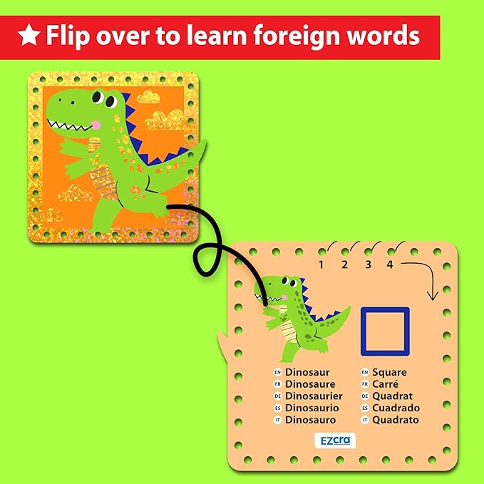 EZCRA Premium Foil Edge Lacing Cards for Kids Ages 3-6 | 10 Double-Sided Animal and Space Sewing Cards with Multilingual Learning | Durable Cardboard Fine Motor Skills Activity Kit