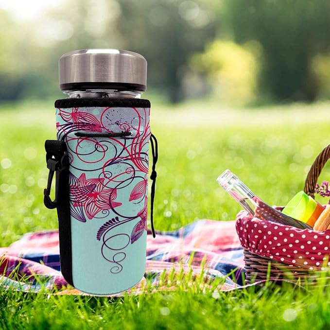 Neoprene Sleeve Bottle Carrier, Portable Insulator Cover - Drawstring Insulator for 18/20 Oz Water Bottle (Flower)