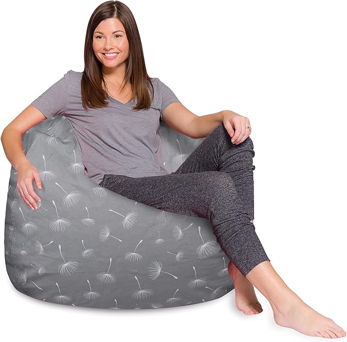 Posh Creations Bean Bag Chair for Kids, Teens, and Adults Includes Removable and Machine Washable Cover, 48in - X-Large, Canvas White Dandelions on Gray