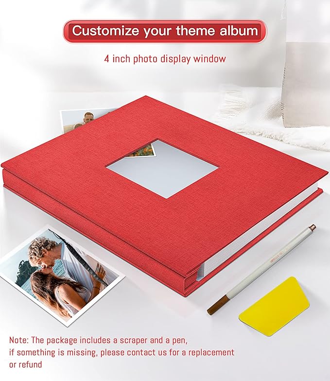 popotop Photo Album Self Adhesive with Picture Display Window,60 Pages DIY Scrapbooking Supplies Kit for 4x6 8x10 Picture,Linen Cover Memory Book for Baby Wedding, with Scraper and Metallic Pen