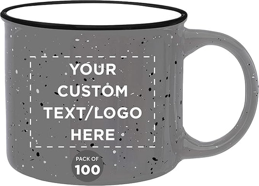 DISCOUNT PROMOS Custom Ceramic Campfire Coffee Mugs 13 oz. Set of 100, Personalized Bulk Pack - Perfect for Tea, Espresso, Cappuccino, Hot Cocoa - Grey
