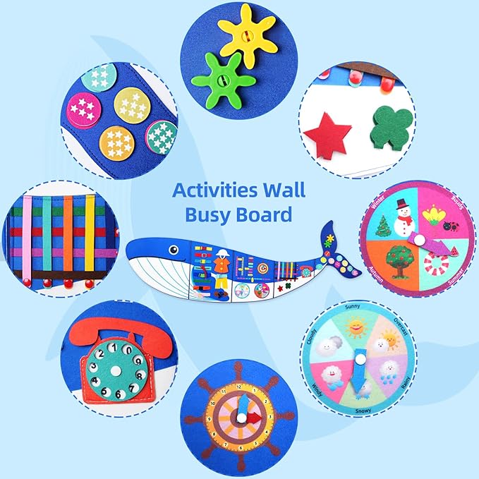 Whale Busy Board Montessori Busy Board, Sensory Toys Toddler Toys Sensory Wall Activity for Toddler- Preschool Learning Panel Center for Kids 3+ Year Old Boys Gifts Girls Gifts(Birthday Christmas) ﻿