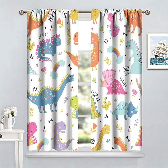 Cartoon Dinosaur Curtains for Kids Boys Girls Home Decor Childish Cute Dino Animals Print Pattern Rod Pocket Blackout Window Drapes for Nursery Baby Bedroom Playroom W26xL84in 2 Panels