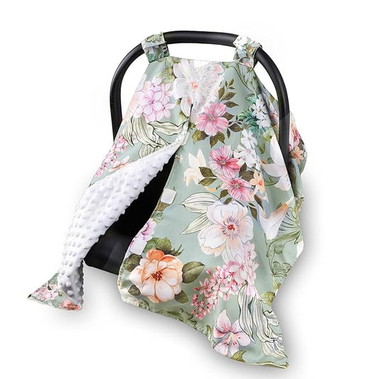 Car Seat Cover Baby, Flroal Infant Car Seat Canopy Covers for Newborn Girls Boys, Soft Breathable Minky Carseat Covers Stretchy Multi-Use Nursing Cover for Stroller Baby Car Seat, Green Leaf