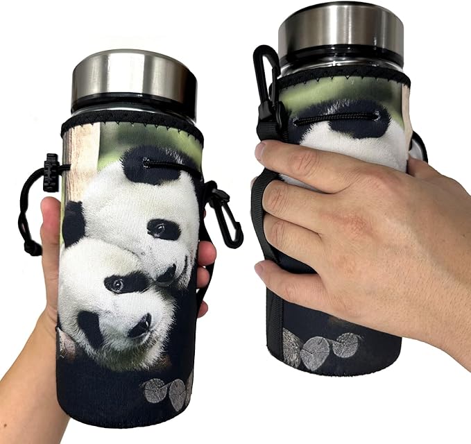Water Bottle Bag Carrier, Water Bottle Neoprene Sleeve Portable Insulator Bottle Cover Drawstring Insulator for 18 Oz 20 Oz Water Bottle (Panda)