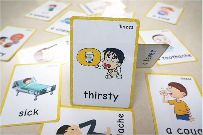 SANTSUN 14 Illness & Disease Expression English Flash Cards, Study Cards (4.72 x 3.54 Inch) with 1 Ring, Pocket Laminated Flashcards for Ages Pre-K & K