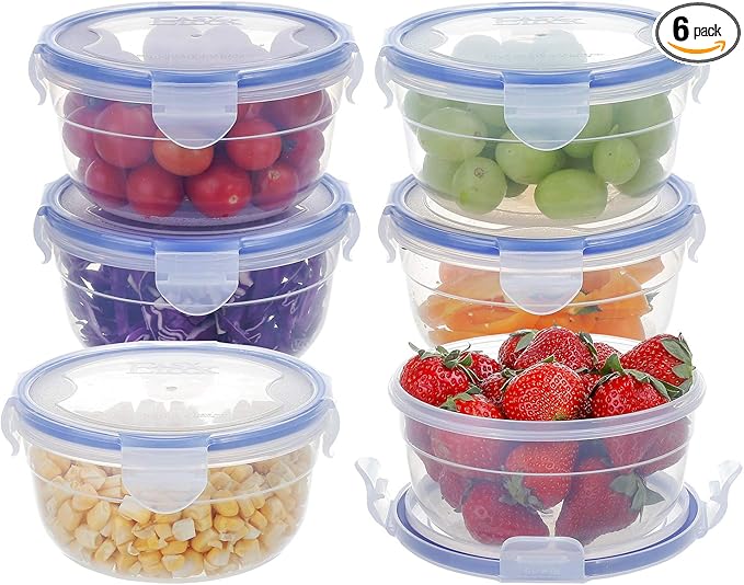 KIGI 6 PACK 10oz Plastic Round Bowls with Lid Airtight Food Storage Container Set Small Meal Prep Containers Bento Box